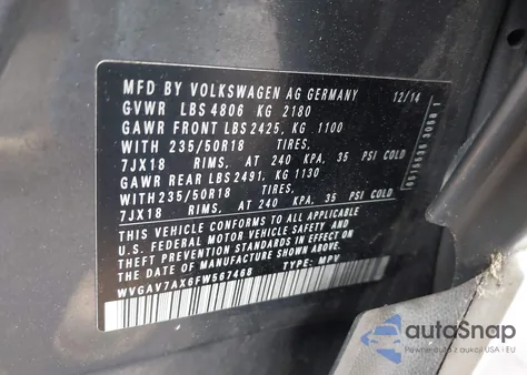 2015 Volkswagen Tiguan Sel из США, поврежденный, VIN WVGAV7AX6FW567468